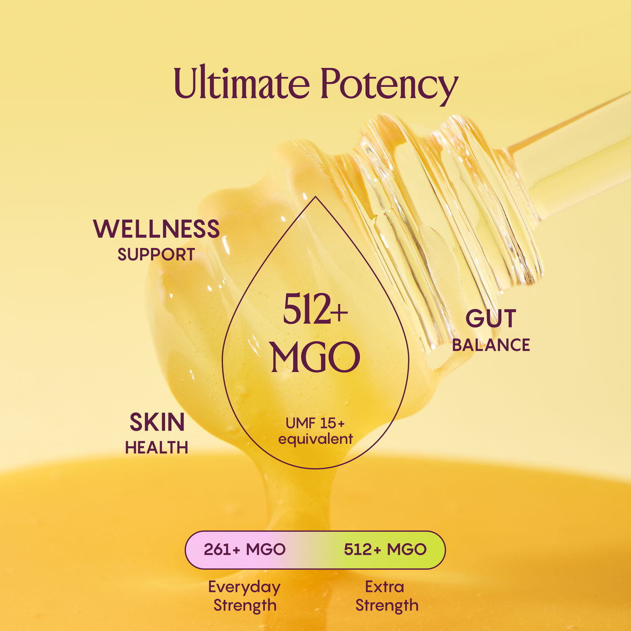 RARE BEEHIVE 512+ MGO Mānuka honey pouring from jar, highlighting wellness support, gut balance, and skin health.