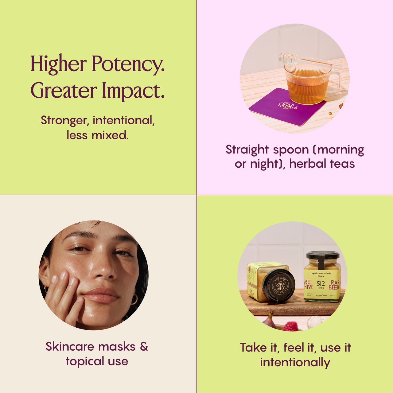 RARE BEEHIVE 512+ MGO Mānuka honey used in tea and skincare, highlighting intentional daily use.