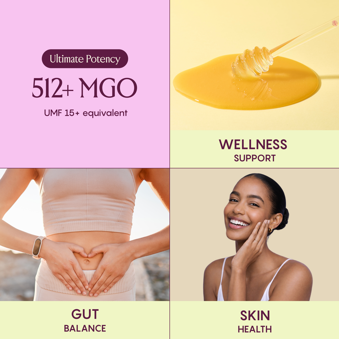 RARE BEEHIVE 512+ MGO Mānuka honey supporting wellness, gut balance, and skin health.