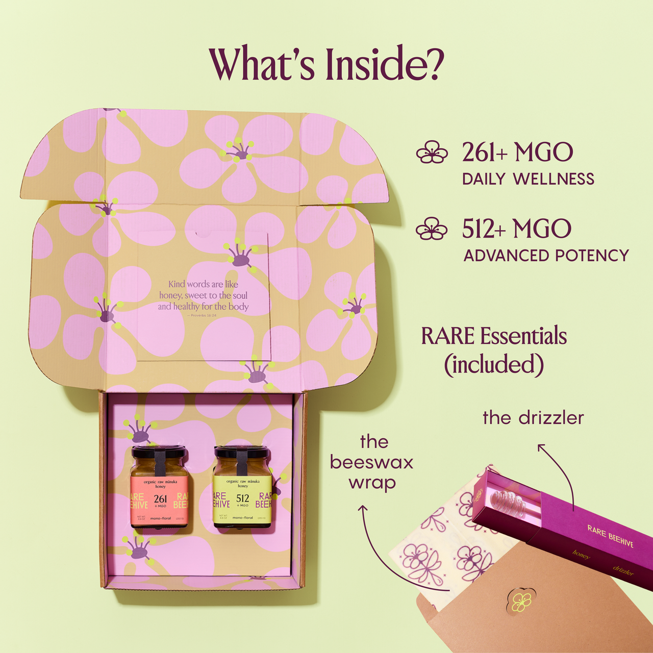 RARE BEEHIVE starter kit open box with 261+ and 512+ MGO honey, drizzler, and beeswax wrap.