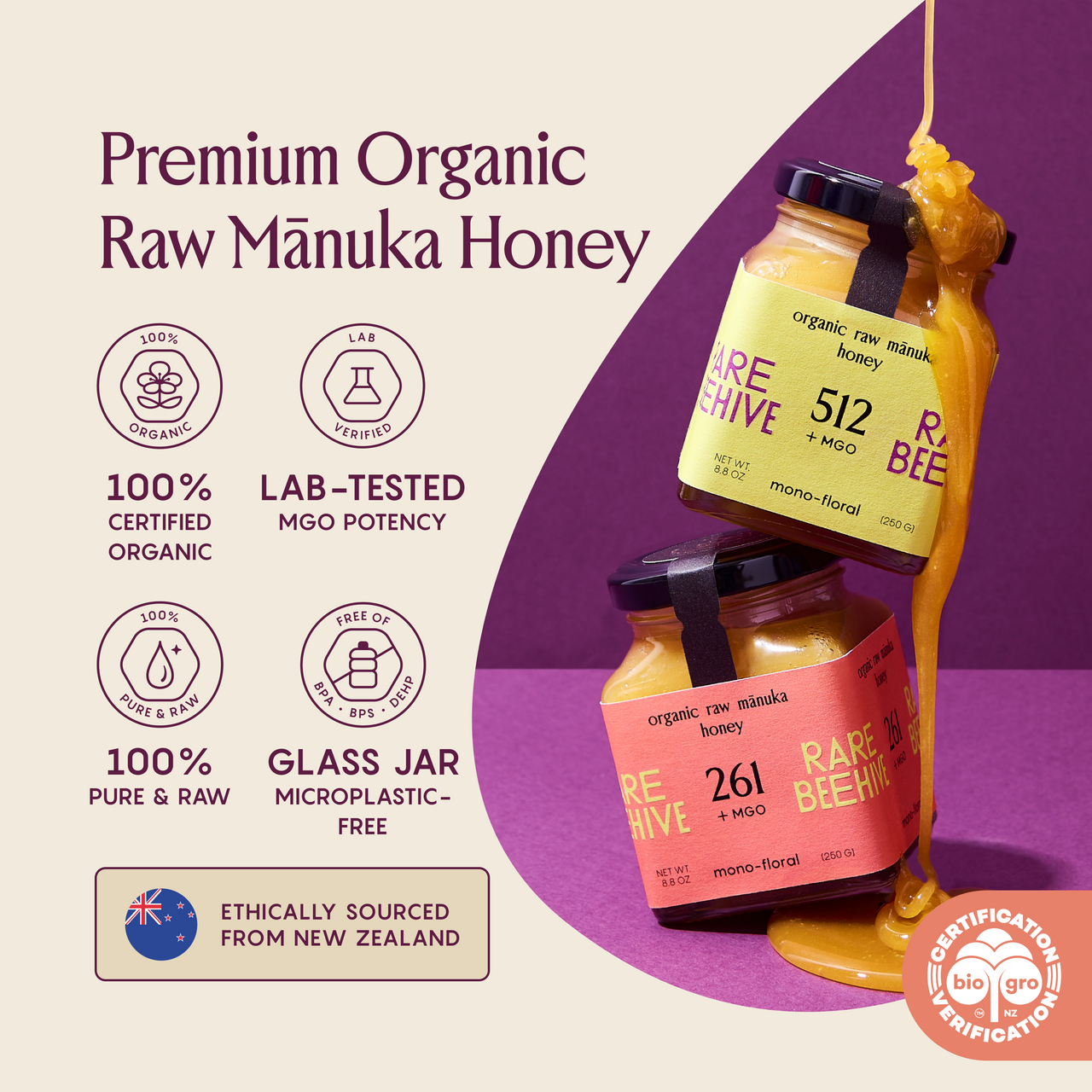 RARE BEEHIVE the bee-ginner kit with 261+ and 512+ MGO organic raw Mānuka honey in glass jars.