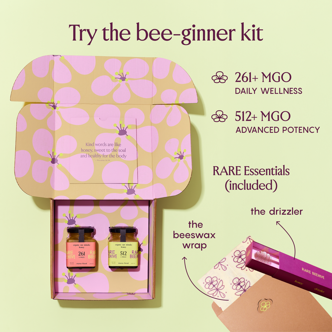 RARE BEEHIVE starter kit with 261+ and 512+ MGO Mānuka honey, plus drizzler and beeswax wrap.