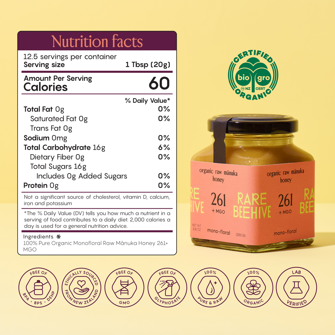 Nutrition facts label for RARE BEEHIVE 261+ MGO organic raw Mānuka honey showing calories and ingredients.