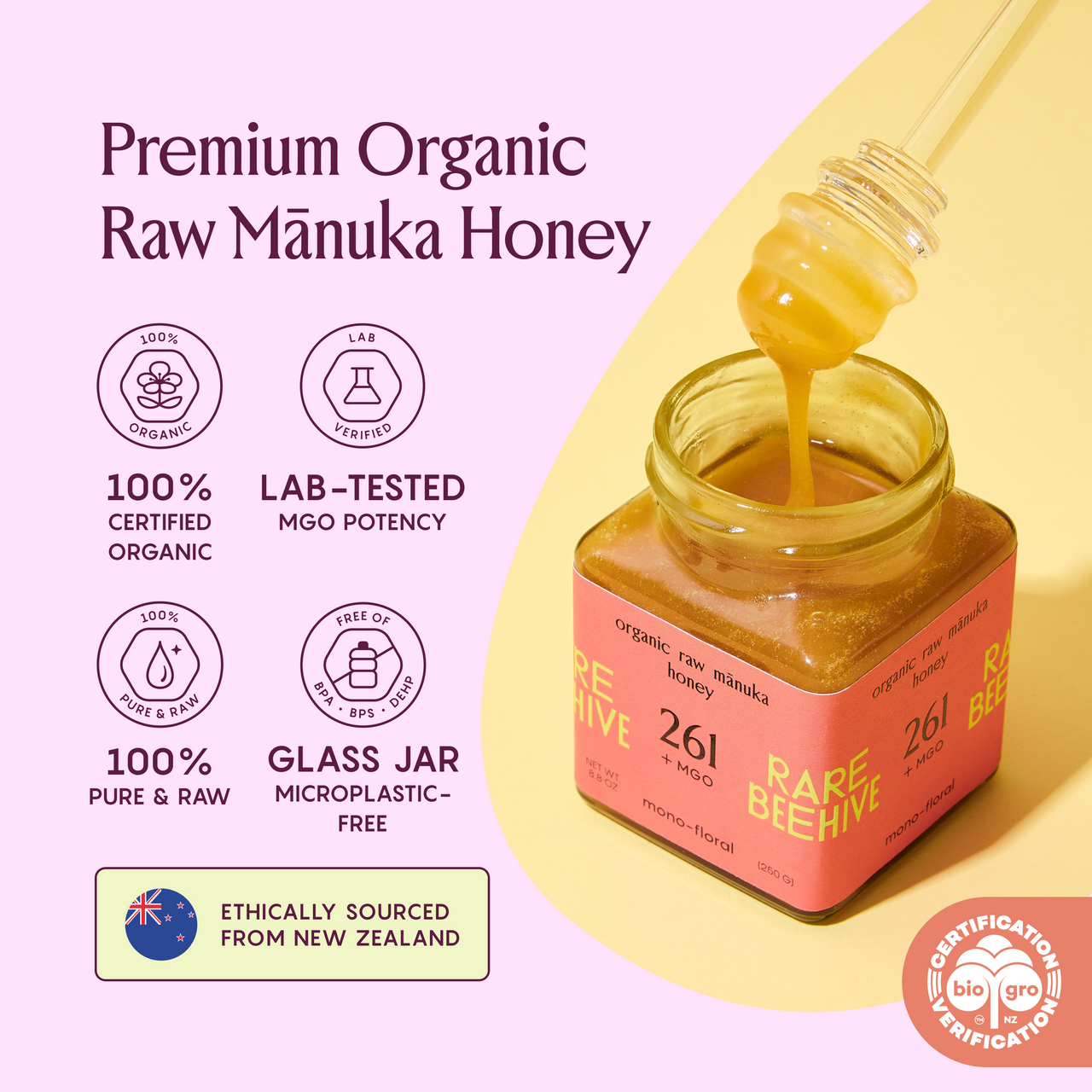 RARE BEEHIVE 261+ MGO premium organic raw Mānuka honey in a glass jar, highlighting purity and lab-tested potency.