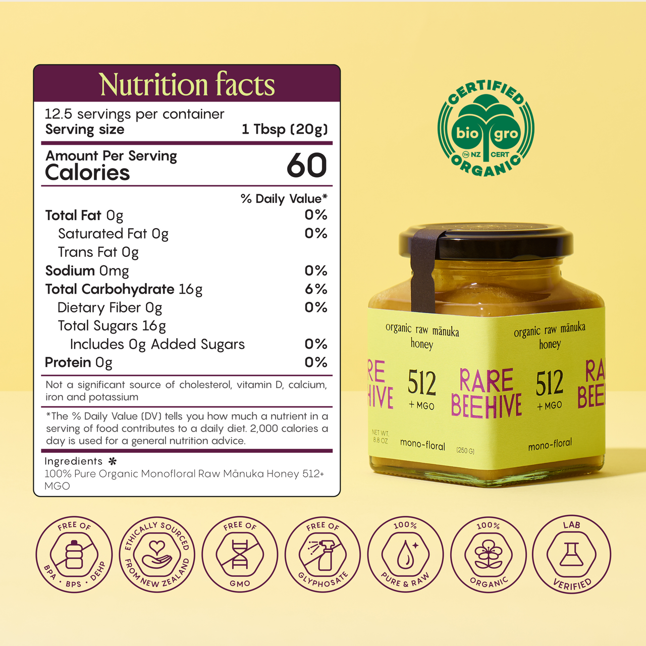 Nutrition facts label for RARE BEEHIVE 512+ MGO organic raw Mānuka honey showing calories and ingredients.