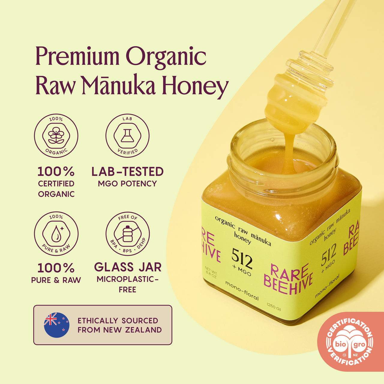 RARE BEEHIVE 512+ MGO organic raw Mānuka honey in a glass jar, highlighting purity and high-potency lab testing.