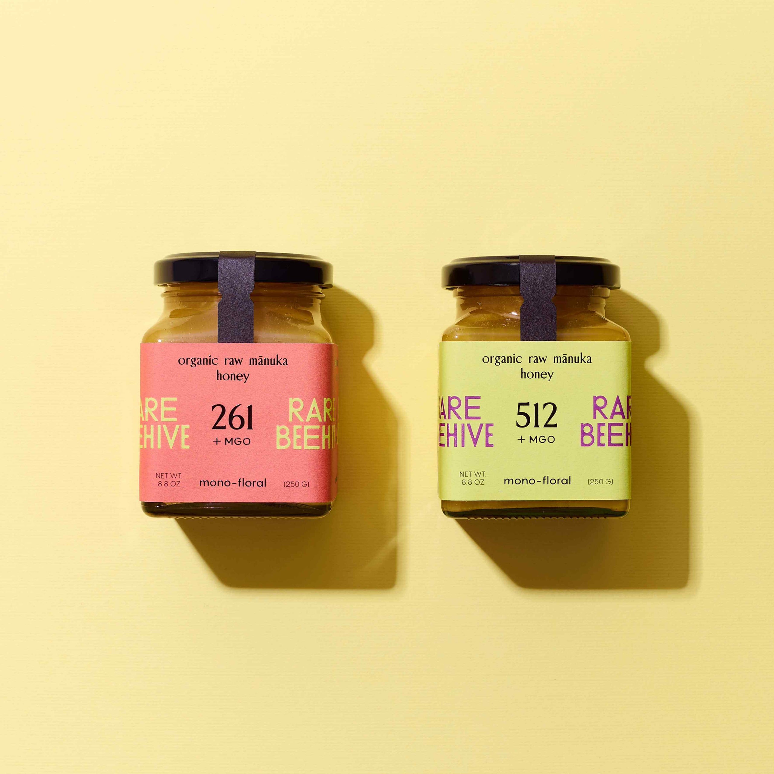 the bee-ginner kit featuring 261+ MGO and 512+ MGO organic raw Mānuka honey jars